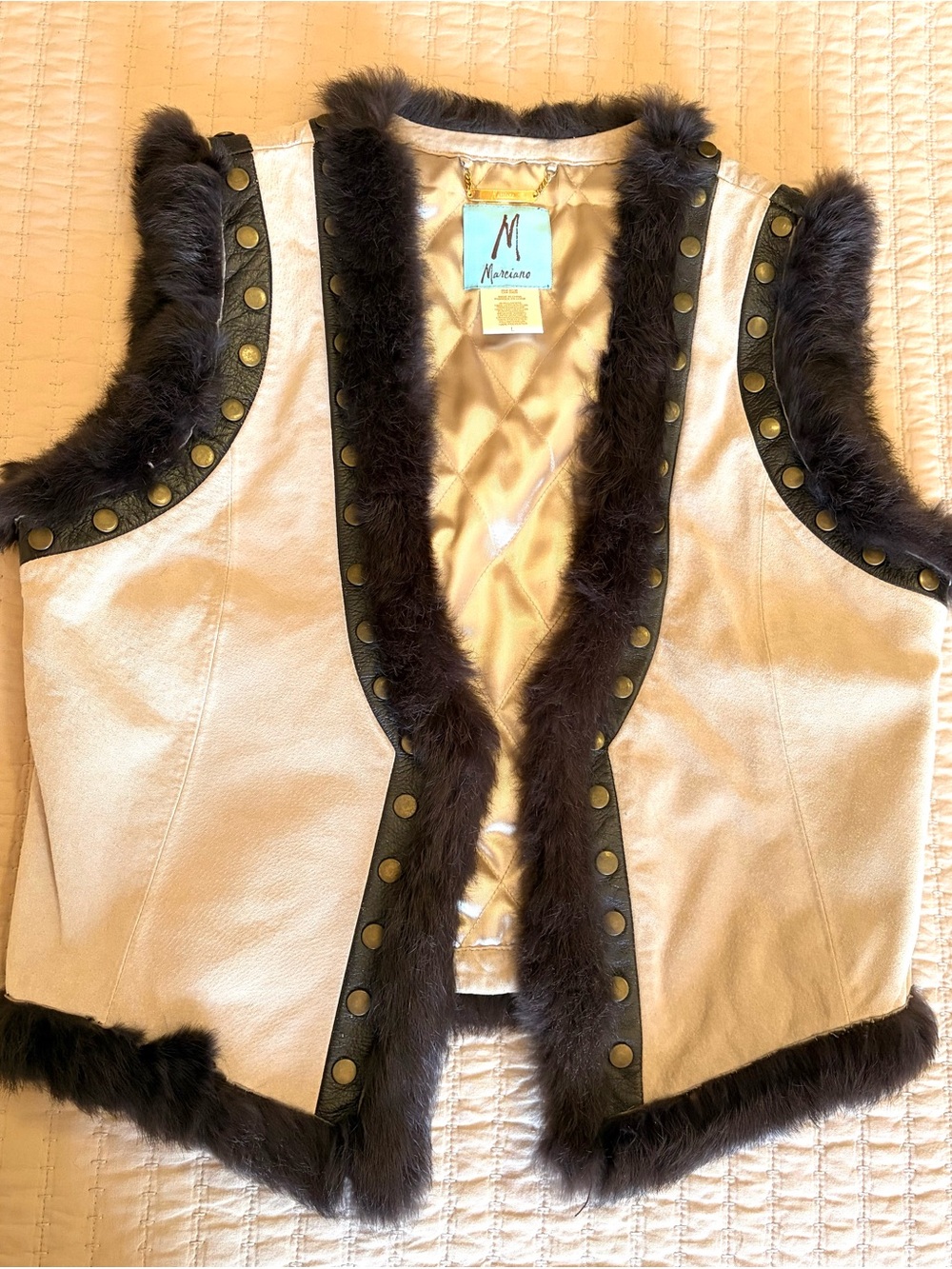 Marciano leather trim and rabbit fur studded vest, Size L Y2K cream brown - Picture 2 of 9